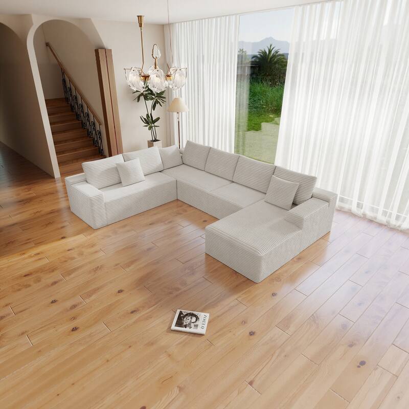 Roomfitters 131.9" Modular Sectional Sofa, 4-Piece Compressed Cloud Couch, No Assembly Required, Plush Corduroy, White