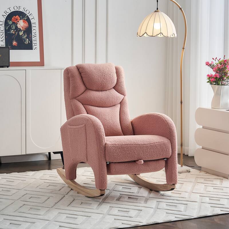 Teddy Fabric Nursery Rocking Chair With Adjustable Footrest - Pink