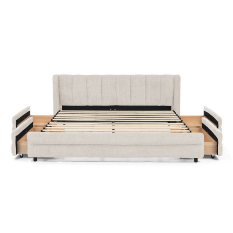 Queen Upholstered Bed Frame with Storage Drawer, Thick Padded Headboard & Solid Frame in Chenille Fabric