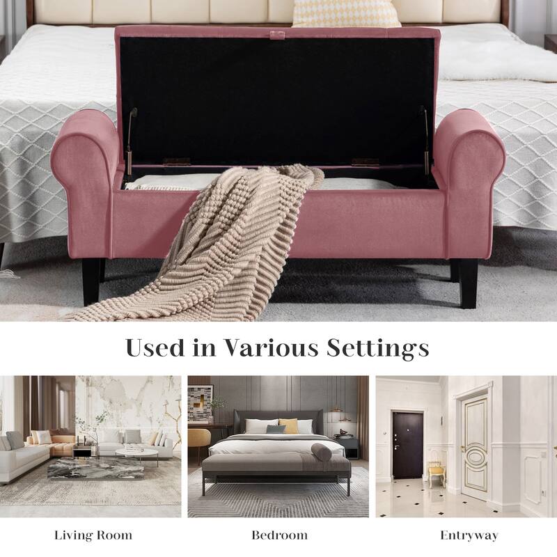 Velvet Storage Bench With Rubber Wood Legs for Bedroom
