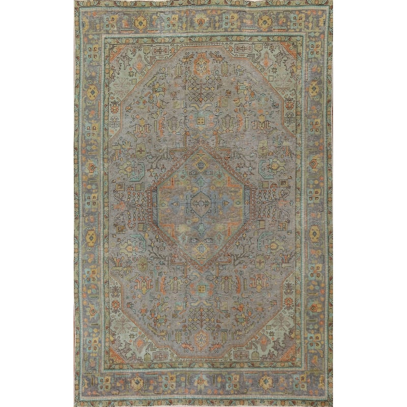 Hand Knotted Oriental 100% Wool Carpet Traditional Medallion Greys & Charcoal Tabriz Area Rug - 9' 9'' X 6' 5''
