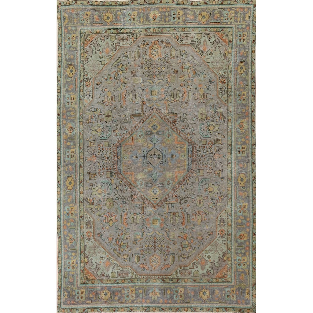 Hand Knotted Oriental 100% Wool Carpet Traditional Medallion Greys & Charcoal Tabriz Area Rug - 9' 9'' X 6' 5''