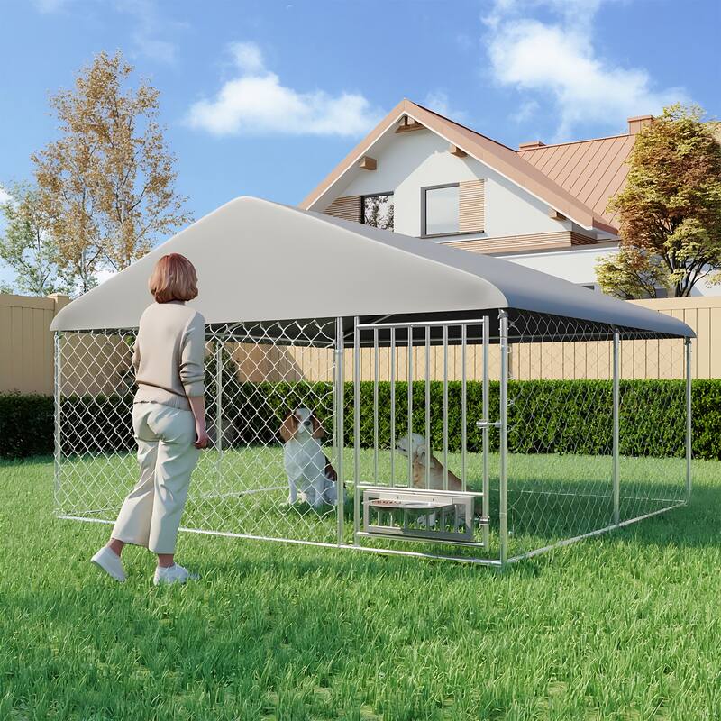 EROMMY Outdoor Dog Kennel, Heavy Duty Large Dog Kennels with Waterproof Cover and Rotating Feeding Door