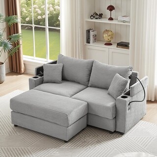 thumbnail interactive-video image 1 of Panana Modern 2-Seat Loveseat Sectional Sofa With Ottoman – Beige Linen/Faux Leather, Wood Frame, Barrel Back 1 of 5