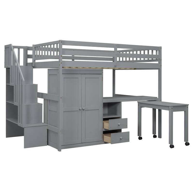 Full Size Loft Bed with Stairs, Bookshelf, Drawers, Desk & Wardrobe - Space-Saving Multifunctional Furniture for Kids & Teens