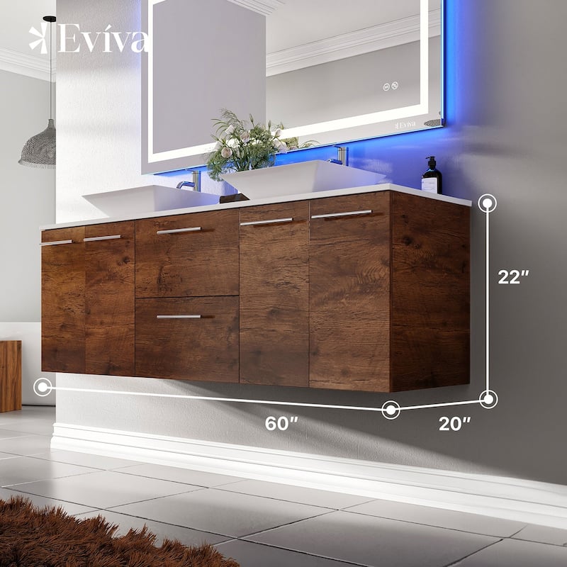 Lux 60"W Rosewood DS Bath Vanity with Quartz Top & Vessel Sinks