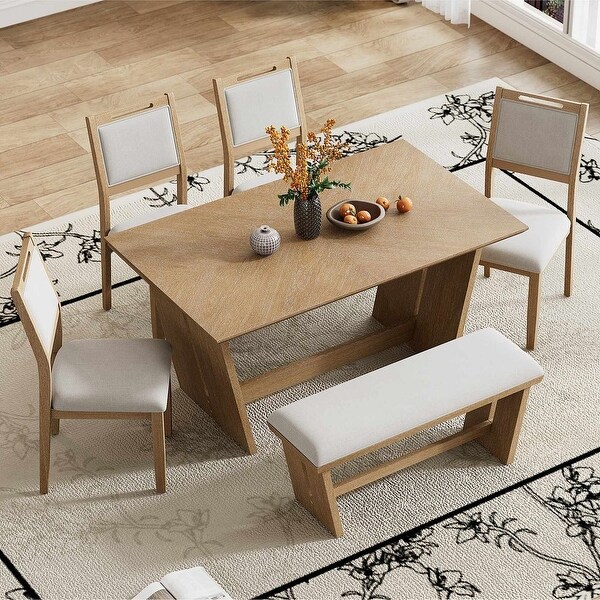 6 PCS Retro Dining Set for 6 with 4 Upholstered Chairs & Bench