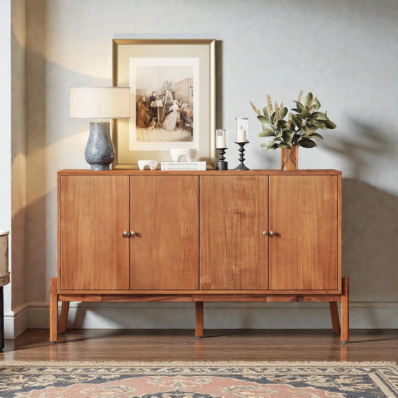 Vintage Sideboard Buffet Cabinet, 60" 4-Door Storage Cabinet with Metal Handles, MDF and Acacia Veneer - Brown