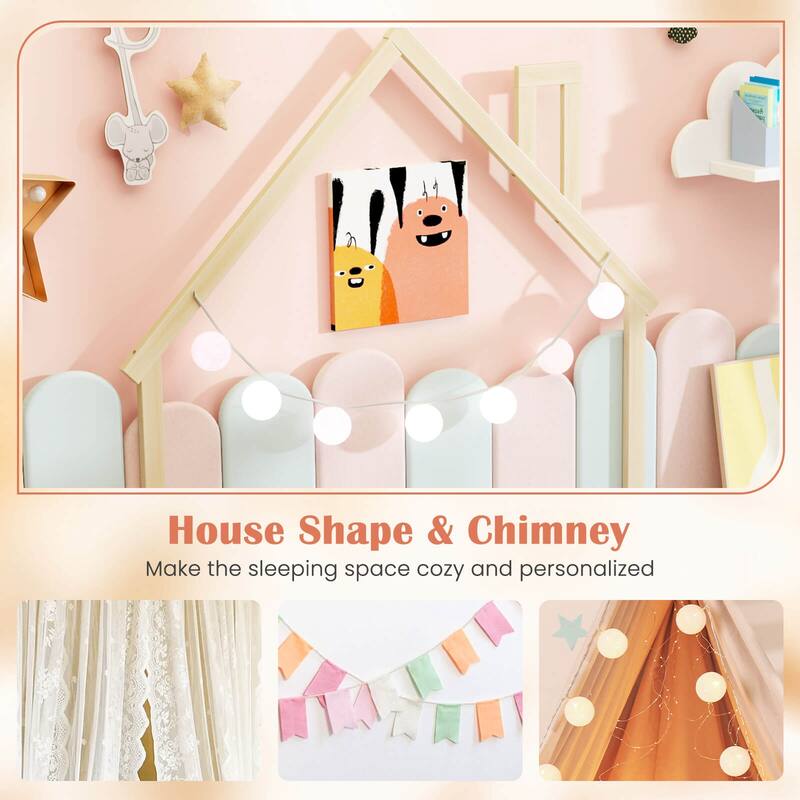 Costway Twin Size Floor Bed for Kids with Chimney Headboard & Handrail