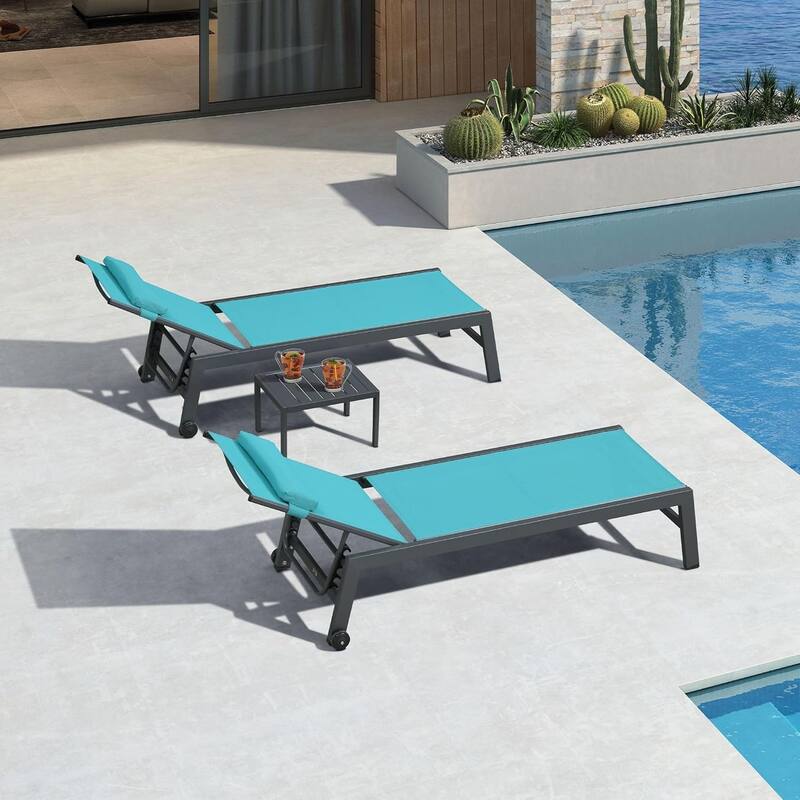 PURPLE LEAF Lounge Chair Set for Outside Aluminum Patio Recliner with Side Table and Pillow Beach Sunbathing Tanning Chairs - Inclining leg(Blue)