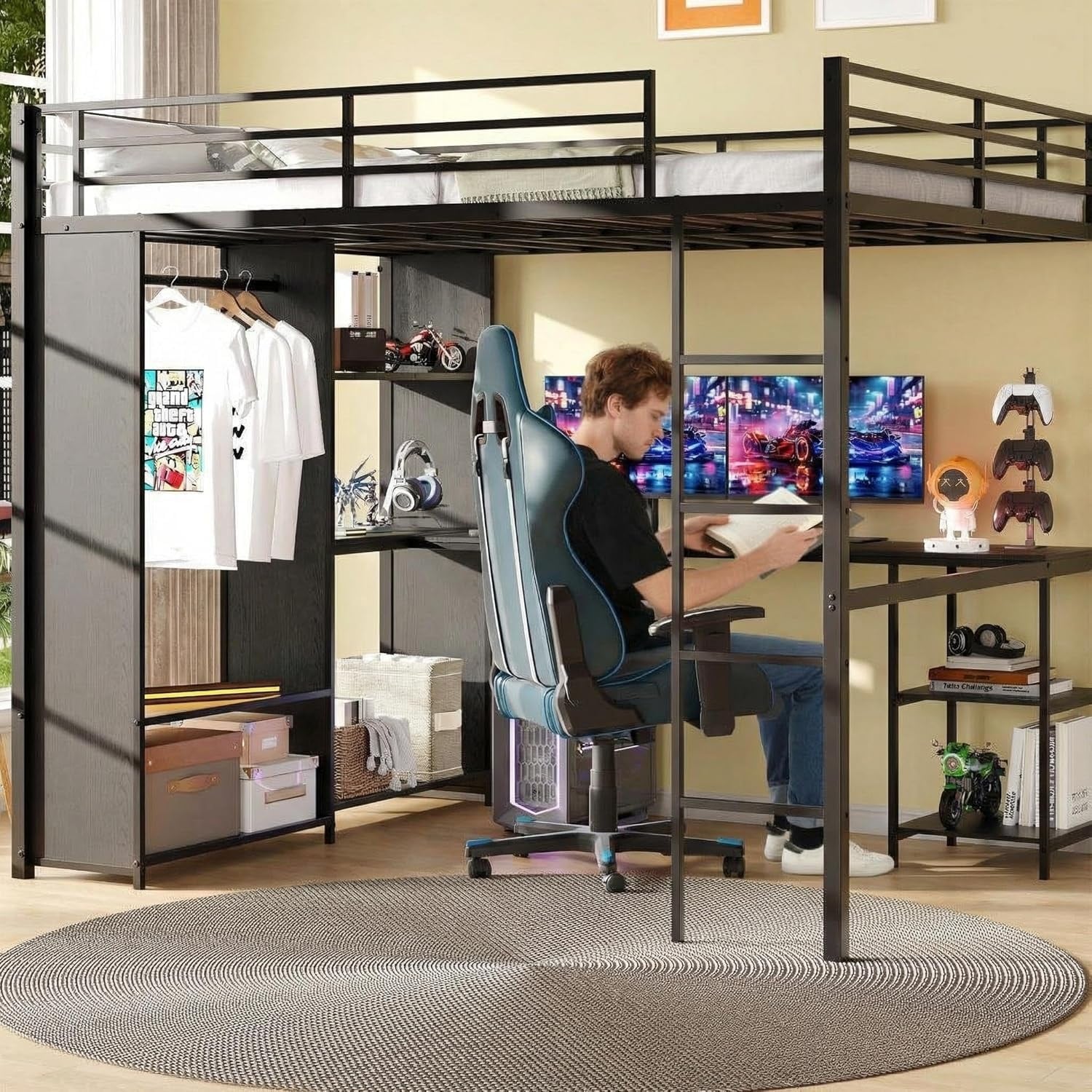 Queen Size Metal Loft Bed Frame with Built-in Desk, Wardrobe & Storage Shelves, Featuring Safety Guardrail and Ladder