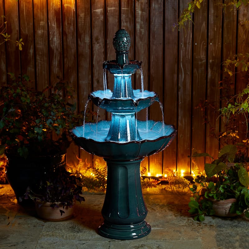 Glitzhome 45"H Oversized 3-Tier Pedestal Lotus Ceramic Resin Outdoor LED Fountains