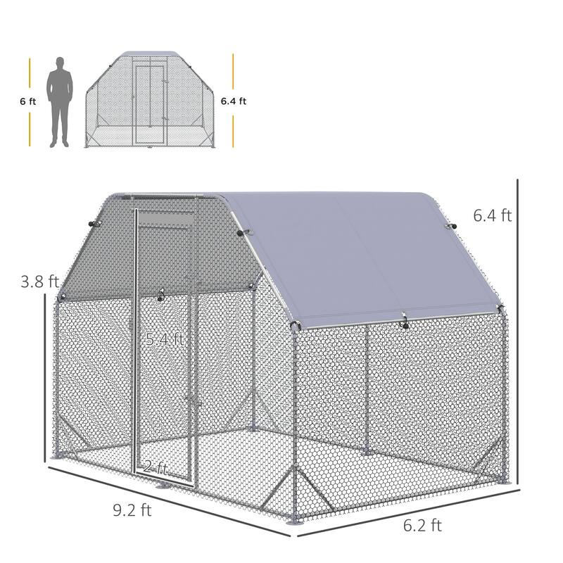 PawHut Large Chicken Coop Metal Chicken Run with Waterproof and Anti-UV Cover, Flat Shaped Walk in Fence Cage Hen House