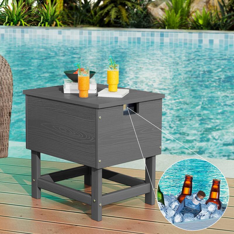 Outdoor Patio Weather Resistant HDPE Coffee & Side Table, Build-in Stainless Steel Cooler Bucket