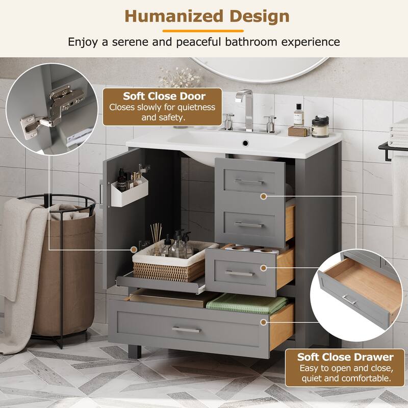 30" Modern Bathroom Vanity Set with Ceramic Sink - Soft-Close Doors & 3 Drawers, Storage Cabinet with Removable Tray