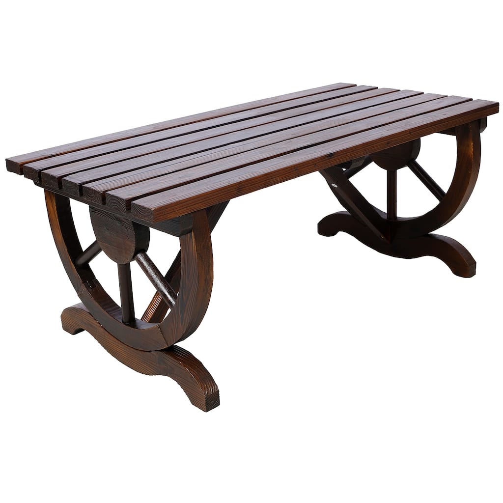 Rustic Wooden Bench with Wagon Wheels, 2-Seater Garden Patio Furniture