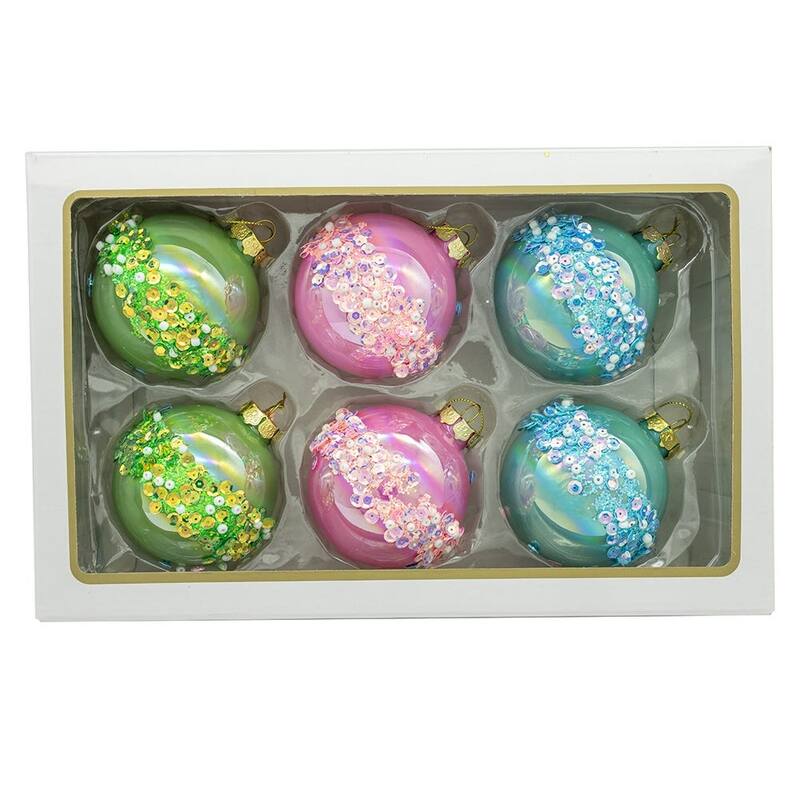 Kurt Adler 80MM Glass Pink, Blue and Green Glittered Ball Ornaments, 6-Piece Box
