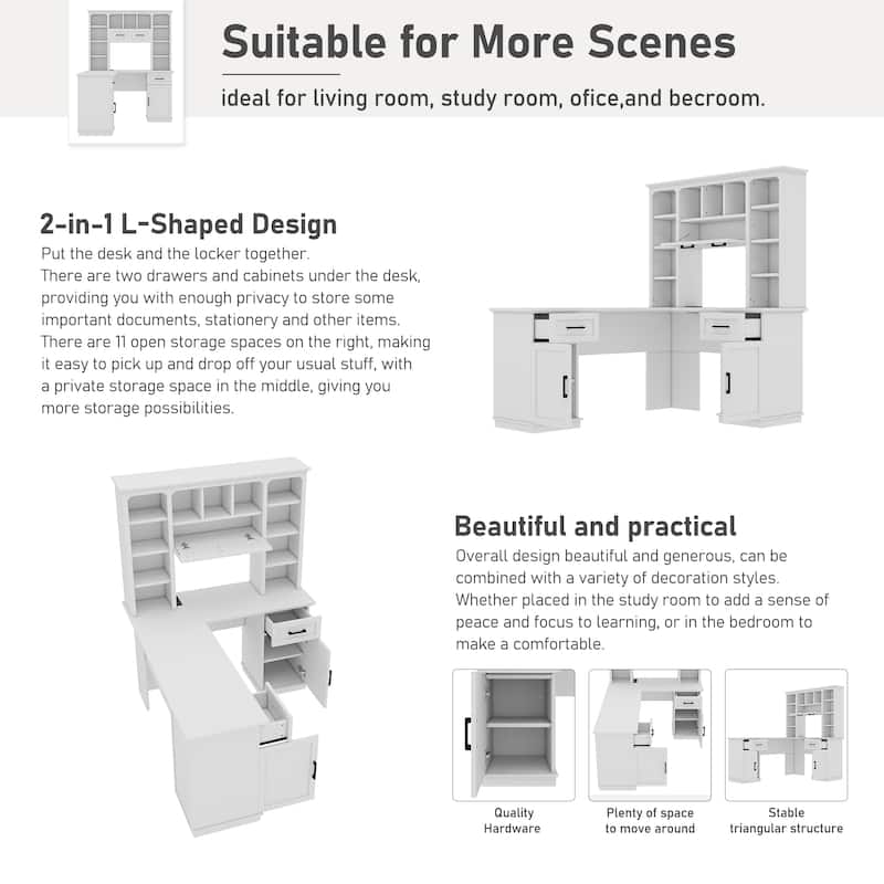 Large Bookcase Desk 2-in-1 Computer Desk L-shape Computer Armoire