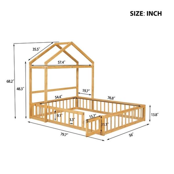 Natural Full Size Wooden Floor Bed with Fence Railings and Detachable Headboard, Kids Dress Up Rack, Playhouse Frame