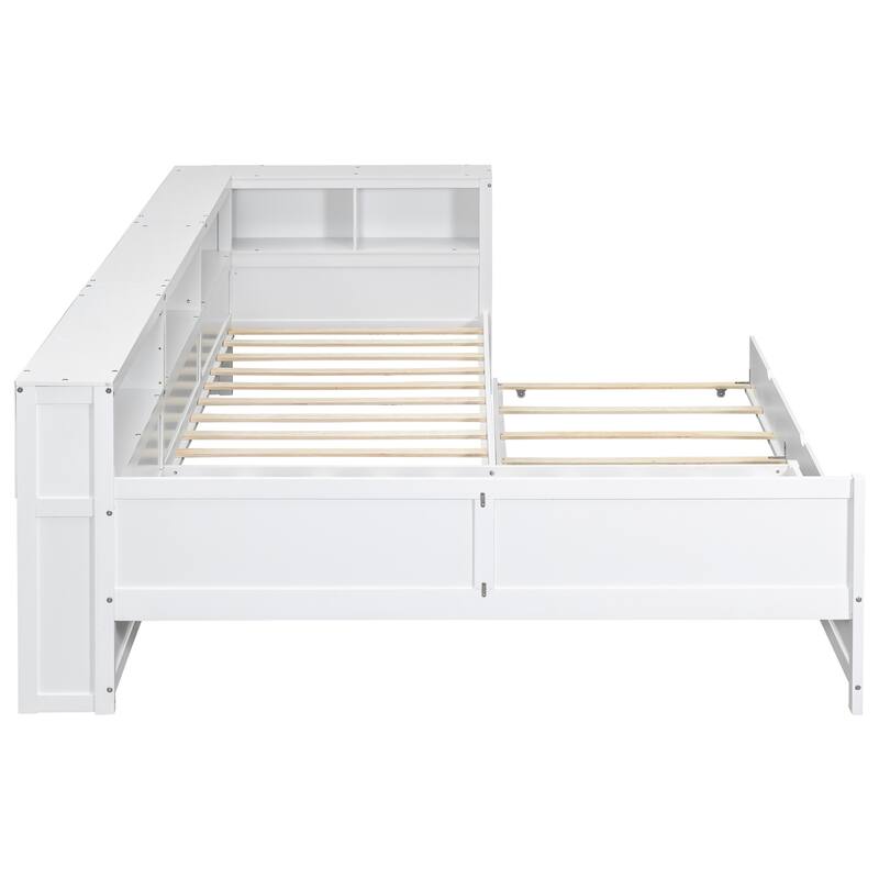 Roomfitters Wood Twin L-Shaped Platform Bed with Pull-Out Trundle and Storage Drawer, Space-Saving Corner Frame