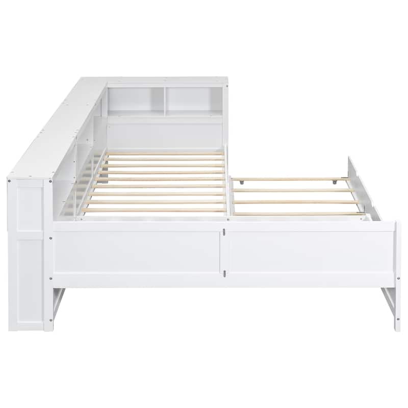 Wood Twin Size L-shaped Platform Bed with Trundle, Charging Station and Storage Shelves