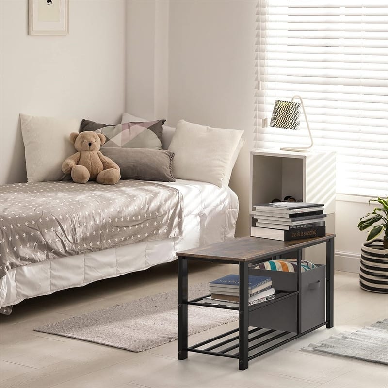 Wood Top Shoe Storage Bench for Entryway, Rustic Brown