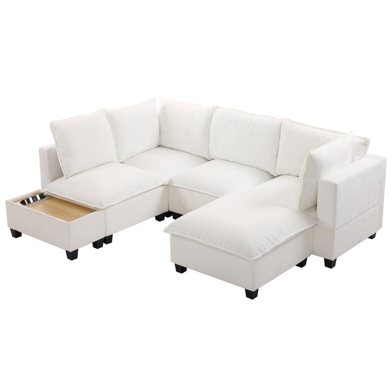 U-Shaped Sectional Sofa with Ottoman, Coffee Table with Hidden Charging Devices, Oversized Chenille Upholstered Cloud Sofa