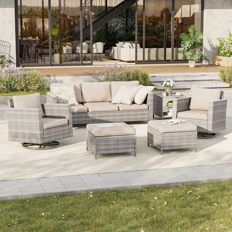 BONOSUKI 6Pcs Patio Swivel Rocking Sofa Set Brown Rattan w/Side Table - Gray/Sand