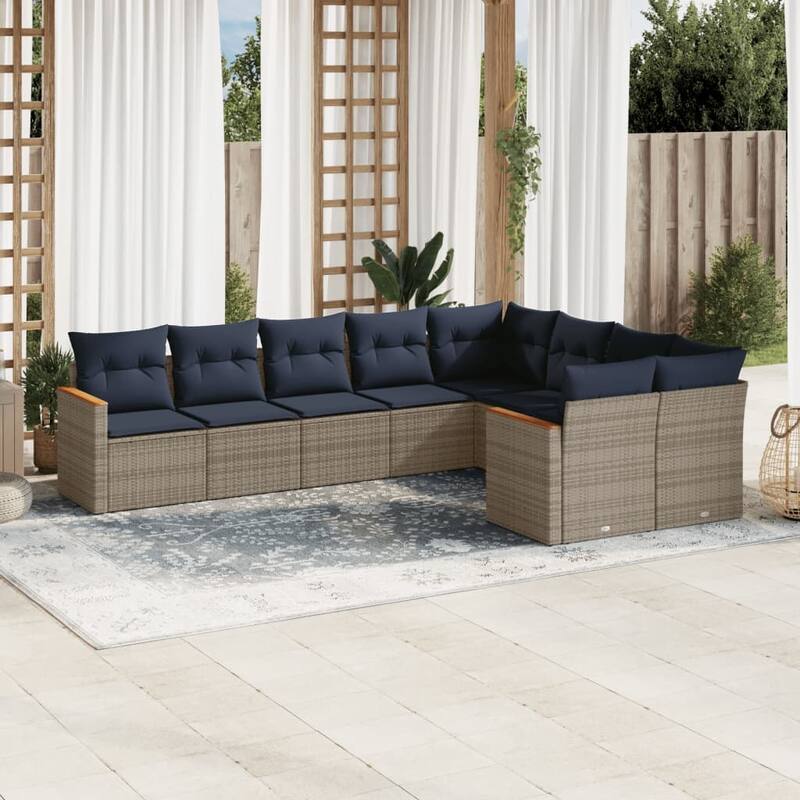 vidaXL 9/10 Piece Patio Sofa Set with Cushions Black/Gray Poly Rattan - 24.4 x 24.4 x 27.2 - Gray Without table