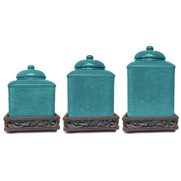 slide 2 of 5, HiEnd Accents Savannah Canister & Base Set, 3PC Turquoise