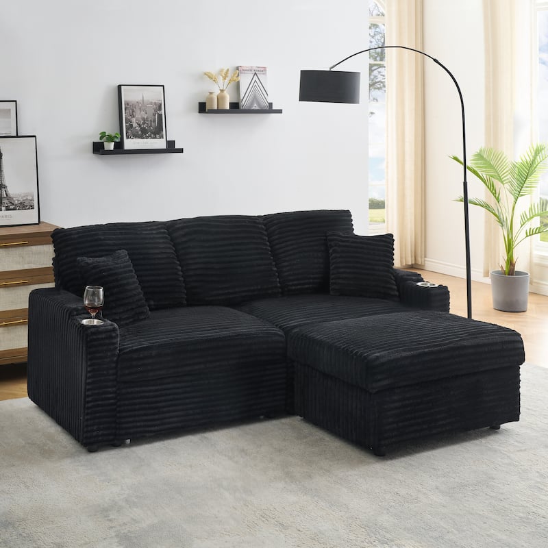 Multi-Function Corduroy Sectional Sofa Hidden Reclining Couch with Storage Ottoman Chaise Lounge, Pillows and Cup Holders - Black