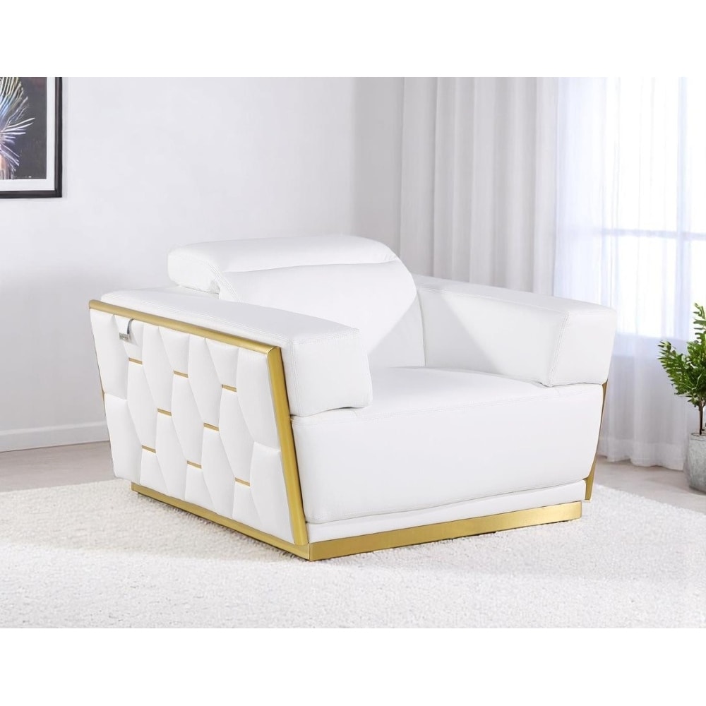 HomeRoots 47" White and Gold Italian Leather Club Chair - 47 in. x 40 in. x 43 in.