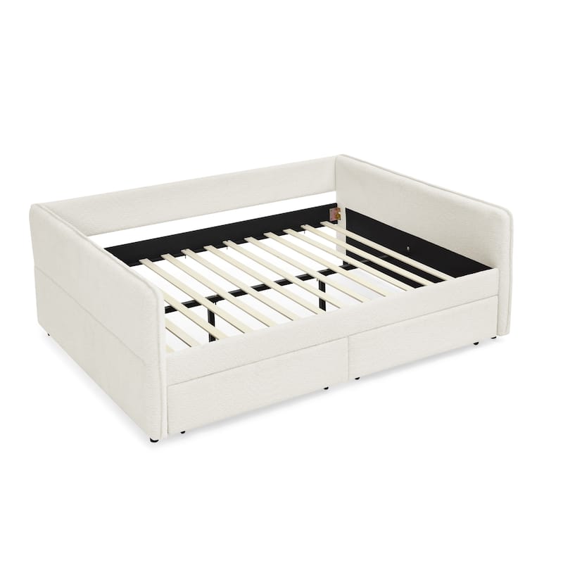 Daybed with Trundle Upholstered Tufted Sofa Bed, with Two Drawers, Queen Size, Boucle Fabric, Beige(88"x65.5"x29.5")