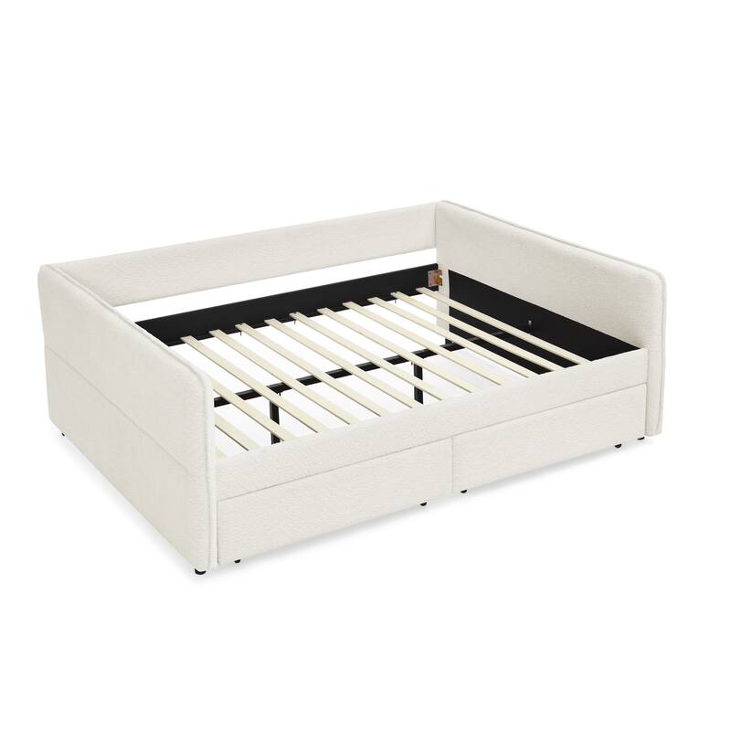 Queen Size Boucle Daybed with Trundle and 2 Storage Drawers and Tufted Upholstered Sofa Bed