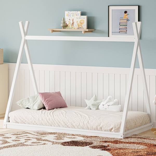 slide 2 of 11, Wood Twin Size Tent Bed for Kids, Low-Floor Bed White
