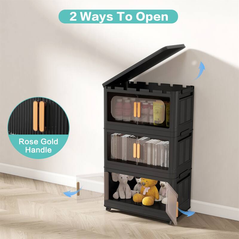 4 Tiers Black 24" Side Wide Folding Storage Cabinet