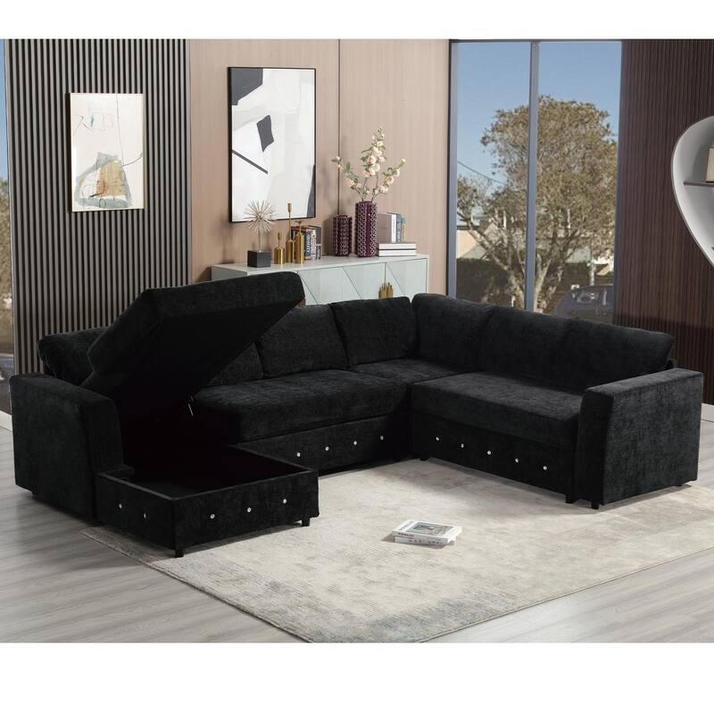 110.75" Sectional Sofa, Modular, U Shaped, Chenille, Black with Storage