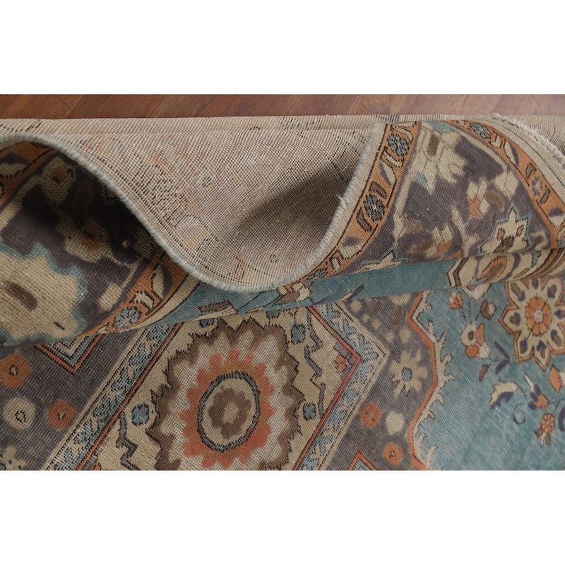 Geometric Blue Tabriz Persian Vintage Rug Hand-Knotted Wool Carpet - 6'7" x 9'7"