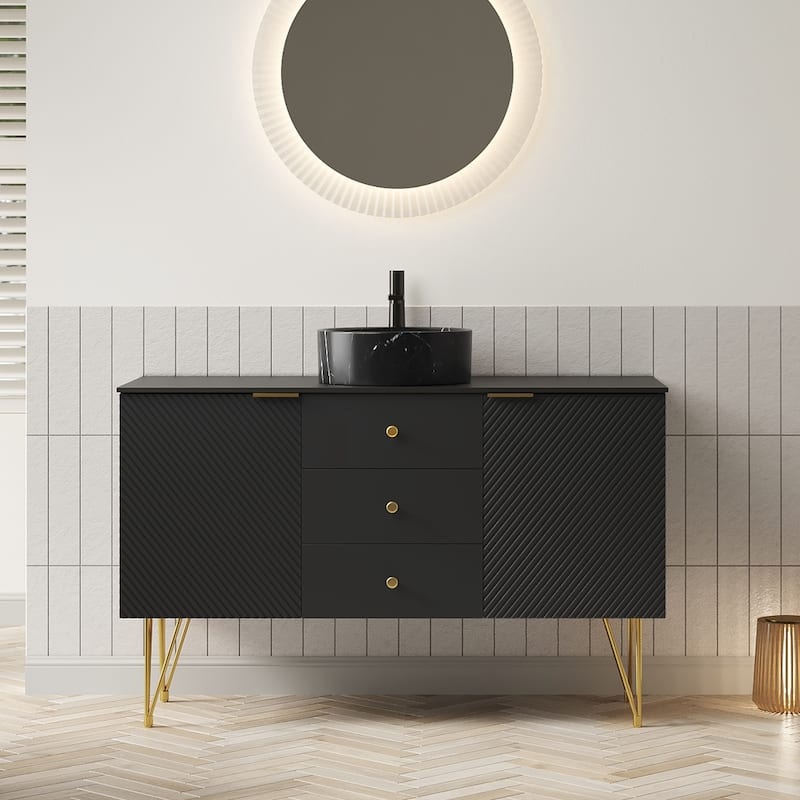 GDFStudio - Gema 48" Freestanding Bathroom Vanity with Black Sintered Stone Top, Gold Legs & Ceramic Basin - Black Round