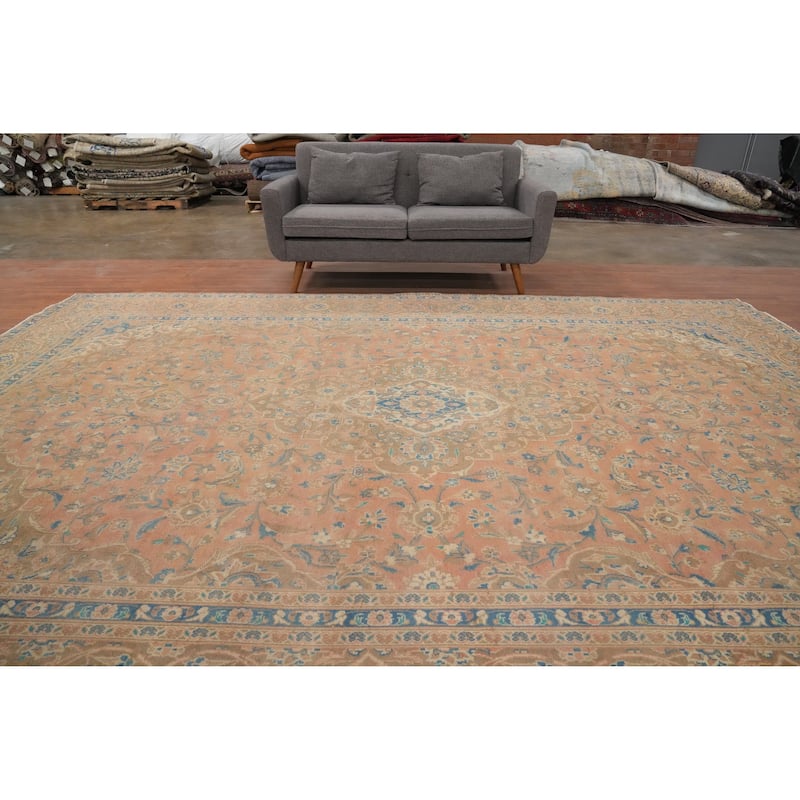 Hand Knotted Oriental 100% Wool Carpet Traditional Floral Pink Mashad Area Rug - 13' 1'' X 9' 8''