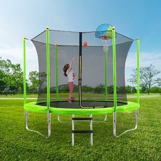 Fun 10FT Trampoline with Enclosure Basketball Hoop And Ladder for Easy Access