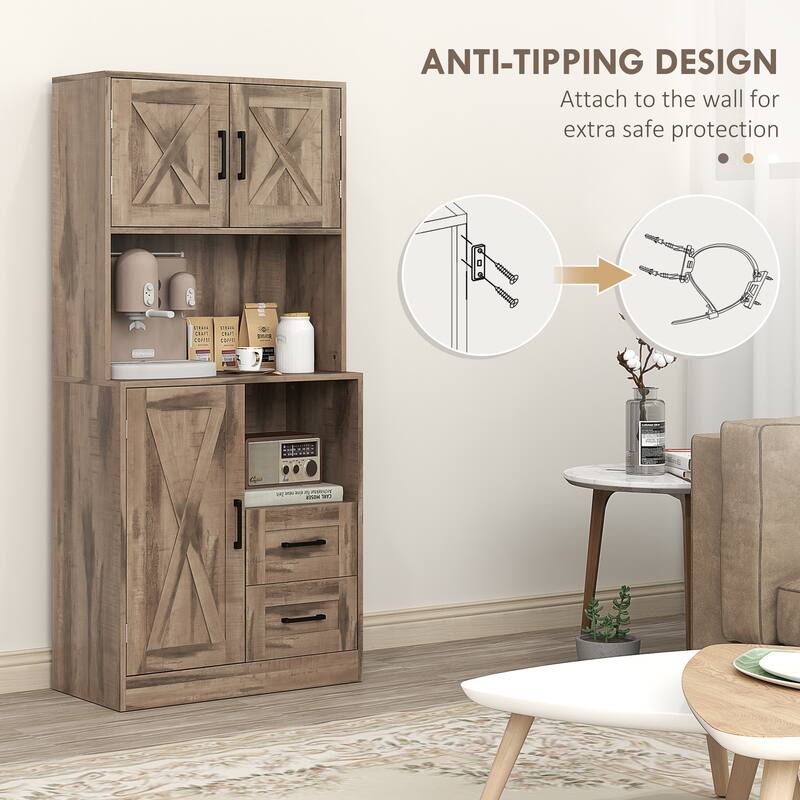 Modern Farmhouse Kitchen Cabinet with Barn Doors Drawers Adjustable Shelves Anti Tipping Durable Particleboard