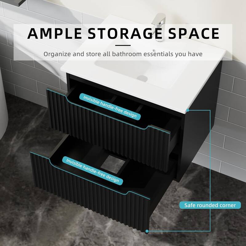 24" Wall Mounted Bathroom Vanity with Ceramic Sink, Floating Cabinet with 2 Soft-Close Drawers, Modern MDF Storage Combo