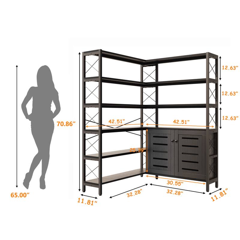 6-Shelf Corner Bookshelf, Vintage Industrial with Storage Cabinet, Large Bookcase Wooden - 6 Tier