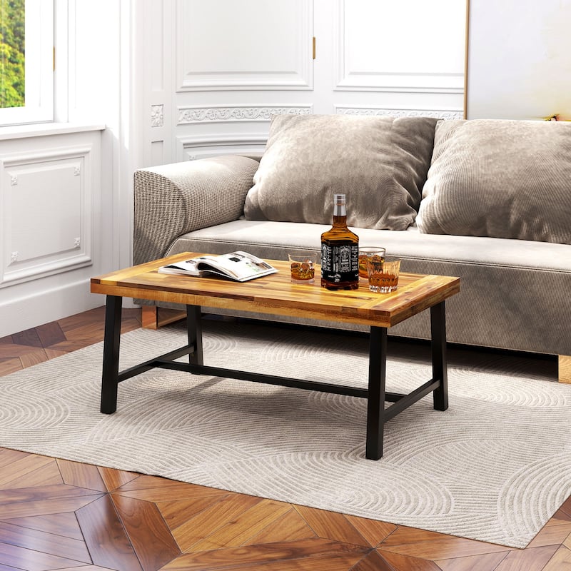Gymax Acacia Wood Coffee Table Indoor Outdoor Rectangle Center Table