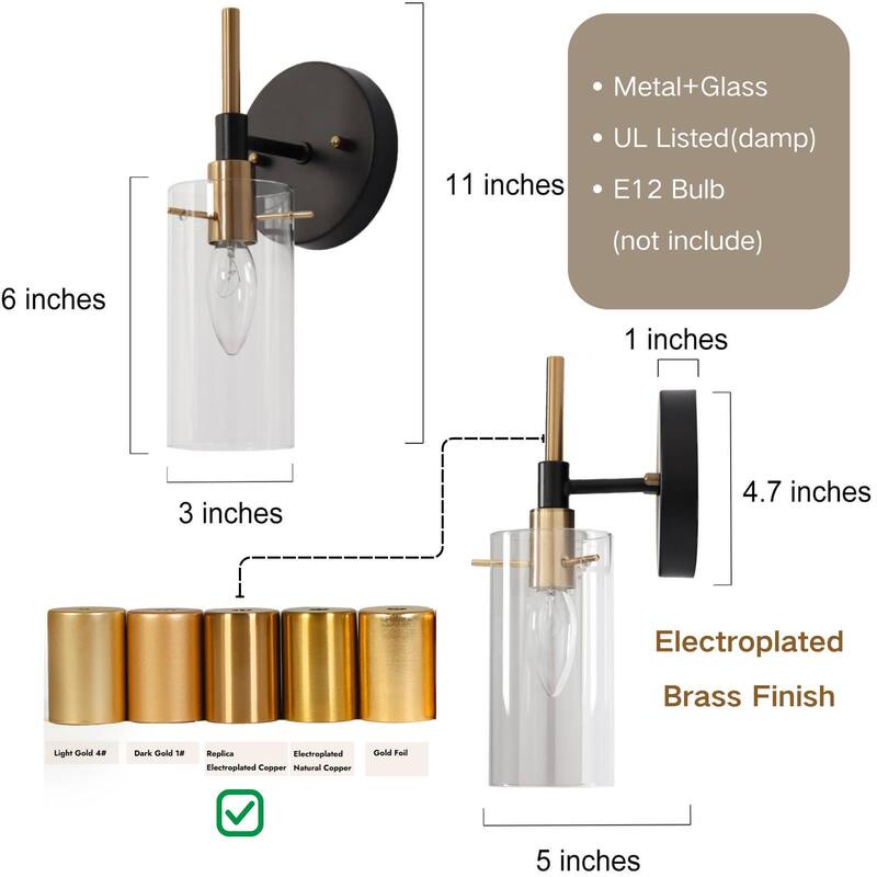 Modern Black Gold 1-Light Clear Glass Wall Sconces Vanity - 4.7" L x 5" W x 11" H