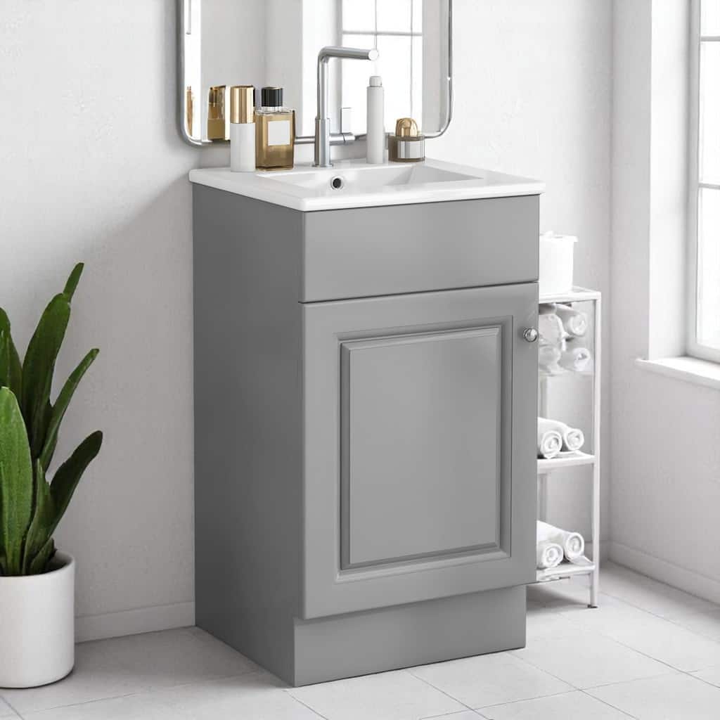 Compact 18 Inch Bathroom Vanity with Ceramic Sink, Painted MDF Cabinet, Storage Shelf, Soft Close Door