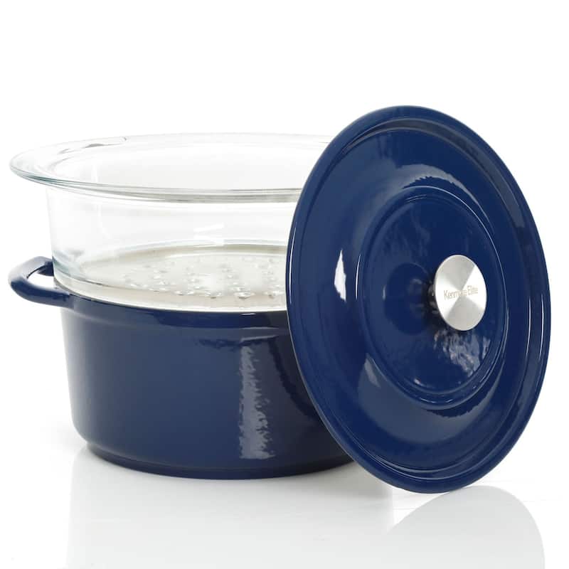 Kenmore Elite Oak Park 5 Quart Enameled Cast Iron Casserole with Lid and Glass Steamer in Blue