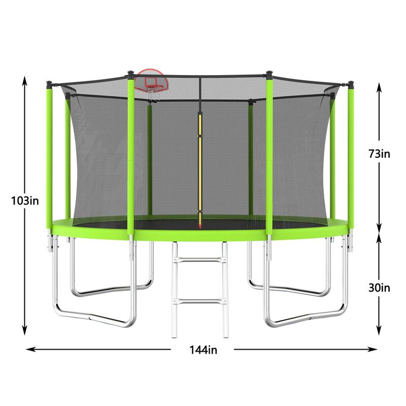 12FT Trampoline Green for Kids Adults with Basketball Hoop and Ball, Recreational Trampolines with Safety Enclosure for Yard