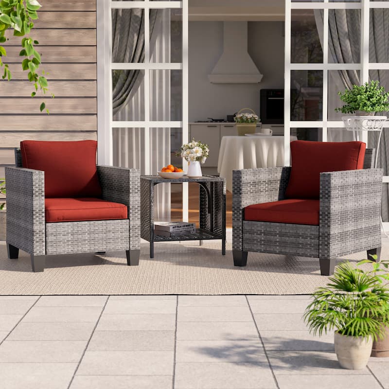 BONOSUKI 3-Piece Patio Sofa Set Grey Rattan with Side Table - Rust Red